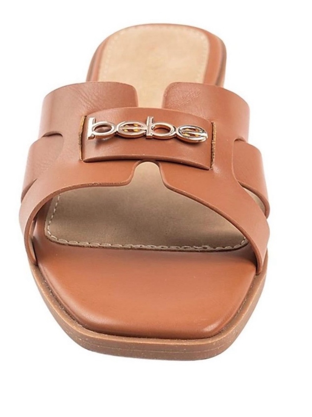 bebe Brown Leather Slide with Logo Accent